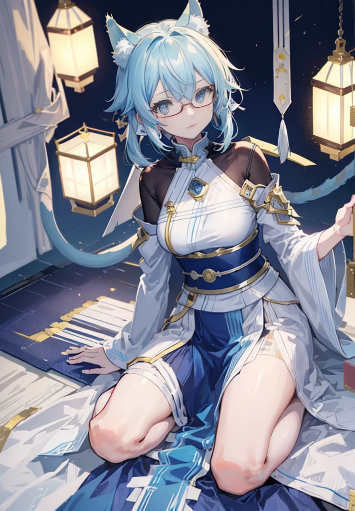 Chinon SAO_a, sinon, smile, (High praise, attractive, fascinating, exciting,Kurobuchi glasses, Cat ear,One thin cat tail,nice, impressive:1.3), (very detailed, high quality:1.3),A short-haired girl in a yukata enjoying cotton candy at a festival,japanese festival,Summer Festival Stalls、Red lantern,(masterpiece:1.2), 最high quality, High resolution, unity 8k wallpaper, (shape:0.8), (beautiful and fine eyes:1.6), very detailed face, perfect lighting, Very detailed CG, (perfect hands, perfect anatomy),