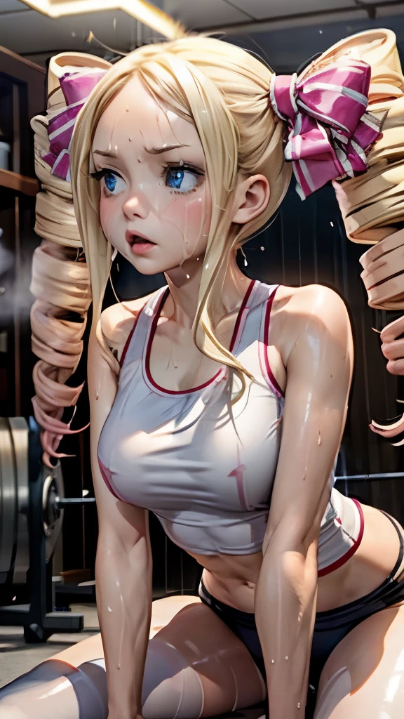 creamy long pale hair，double twin tails、(sweaty skin)、 (highest quality, 8K, 32K, masterpiece, UHD:1.2)、wet clothes、((see-through))、blush,((((sweat)))),((from adove)),(Glossy tank top),Glossy short leggings,fitness,training、((leaning on person)),Thighs,((steam)),((training gym)),fitness gym