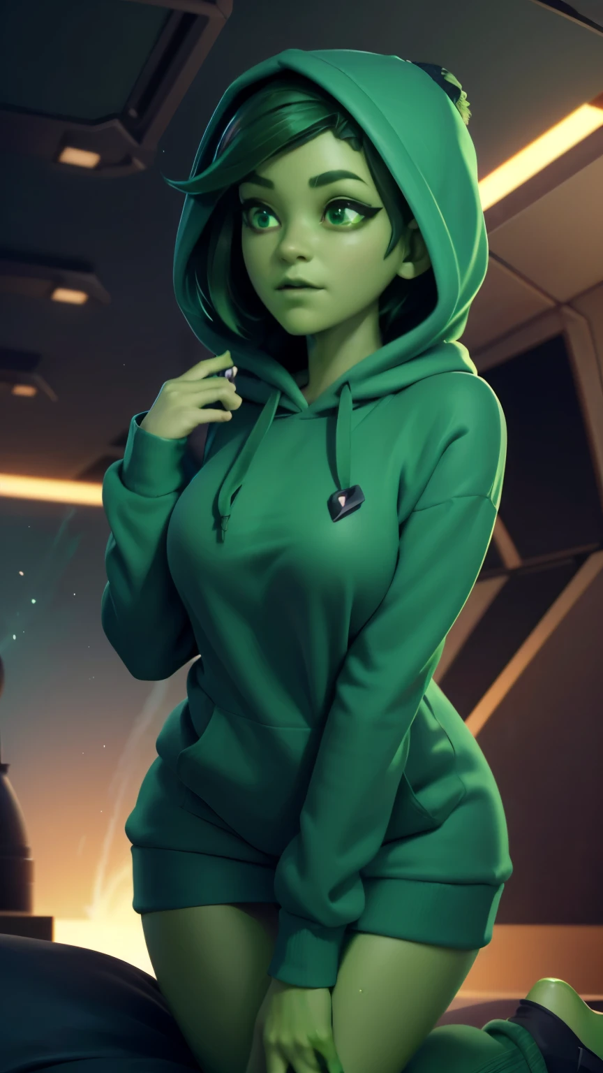 photo of Tendi, Orion from star trek, RAW, beautiful woman, ((portrait)), ((detailed face, anime mouth, anime nose:1.2)), (short shaved dark forest green hair:1.3), ((detailed facial features, detailed vibrant green skin, emerald green skin skin:1.5), (perfect proportioned body), arched back, looking away, (wearing a big oversized green hoodie: 1.5), kneeling on a bed, in a bedroom, (high detailed futuristic city), (realistic photo, best quality, detailed), (8k wallpaper), (cinematic lighting, dramatic lighting) (sharp focus, intricate)