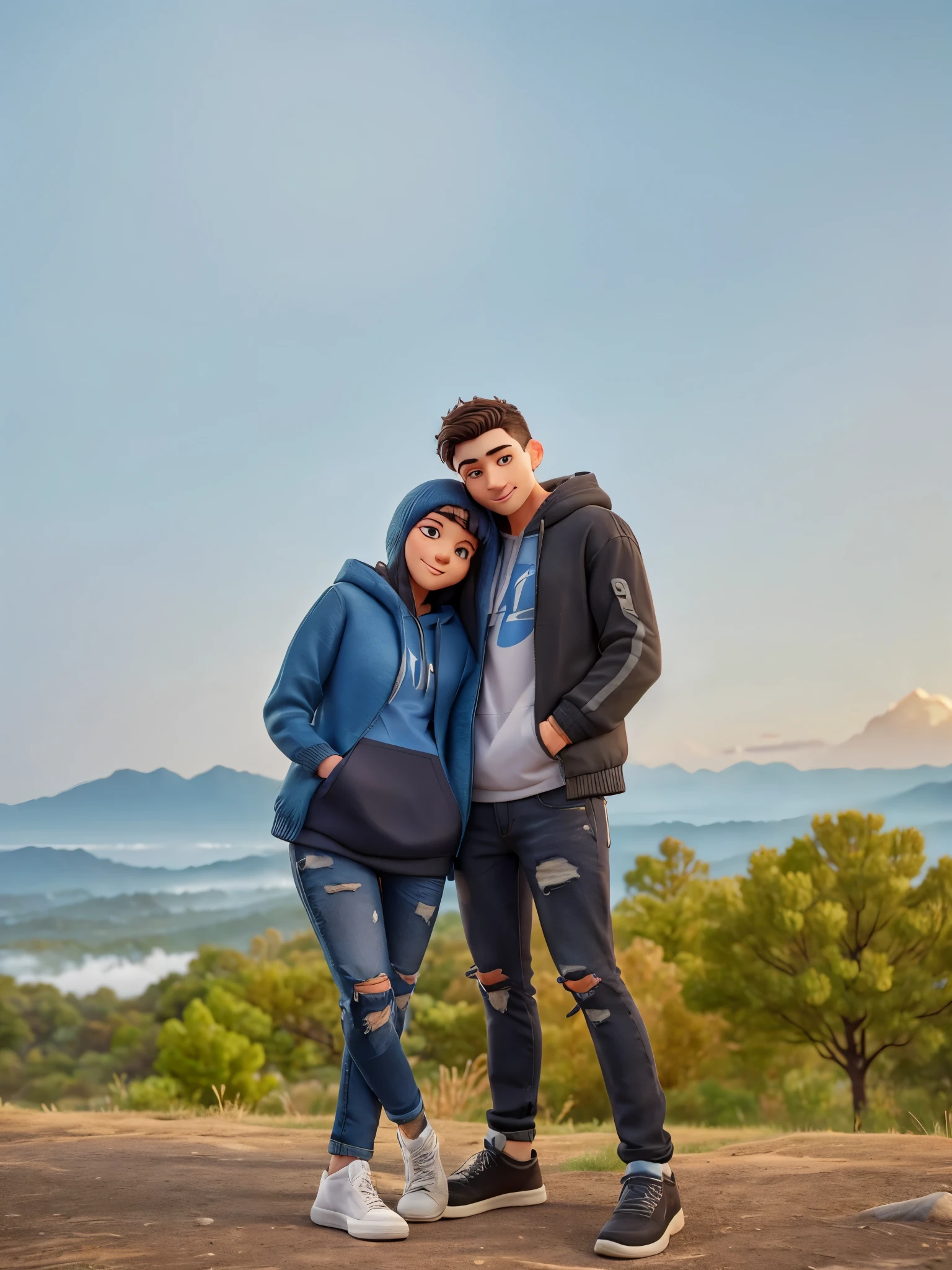 A male and female couple hugging each other standing on a mountain.  Looks very happy  Background view with mountains and fog in Thailand, woman wearing a blue hoodie with black trim.  Torn blue long jeans  white sneakers  The man wears a black shirt, a brown jacket, and ripped black jeans.  black sneakers  Behind you see the sunset, realistic picture, 8k, focus on the person in the picture.