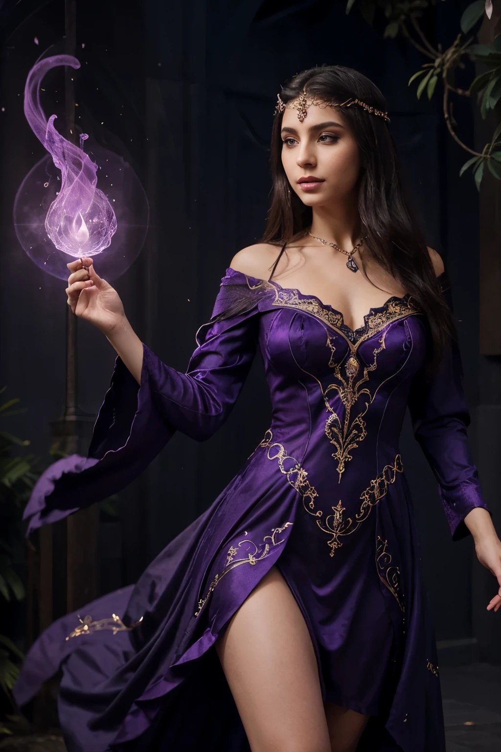 Create a dress that embodies the elegance of a sorceress, with mystical symbols, deep purples, and flowing silhouettes that hint at magical elements in Hatim's world. An American girl wearing that dress.