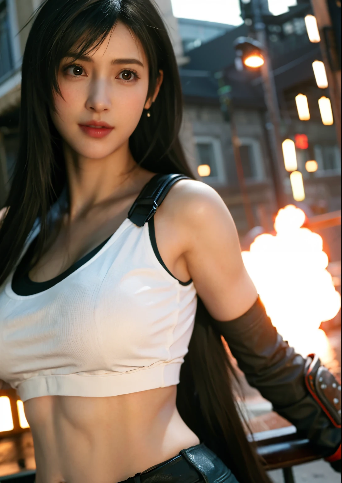 (Photorealistic: 1.4), top quality, very delicate and beautiful, high resolution, 1girl, tifa_lockhart, smile, cowboy shot, suspenders, low rise, mini skirt, tank top, tense shirt, black hair, long hair, elbow gloves, beautiful detailed red eyes, face light, movie lighting, navel, high exposure, abdomen exposure, ribs, abs, ( gigantic breasts: 1.2), dynamic poses, dynamic angles, tifa, medium breast