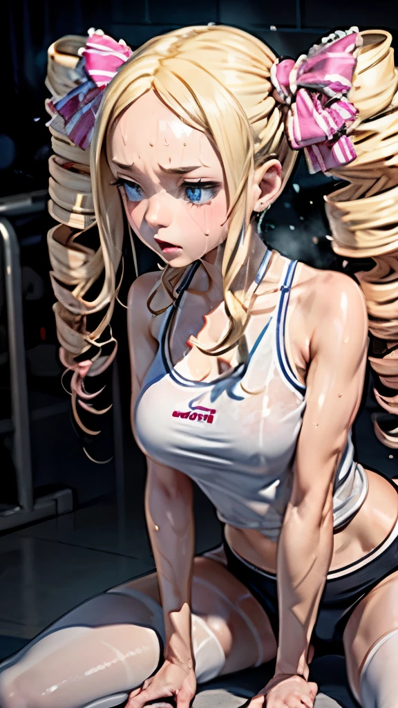 creamy long pale hair，double twin tails、(sweaty skin)、 (highest quality, 8K, 32K, masterpiece, UHD:1.2)、wet clothes、((see-through))、blush,((((sweat)))),((from adove)),(Glossy tank top),Glossy short leggings,fitness,training、((crawling)),Thighs,((steam)),((training gym)),fitness gym