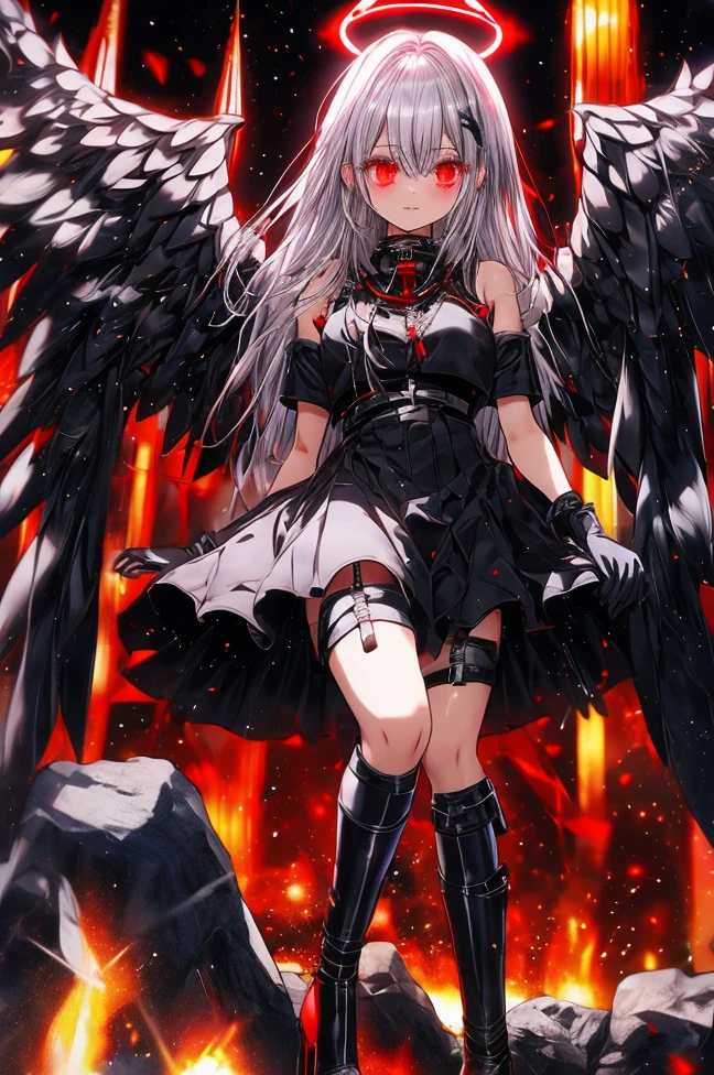 adult, female, red eyes, halo, silver hair, black wings, stocking, long gloves, short pants, dress, high heels 