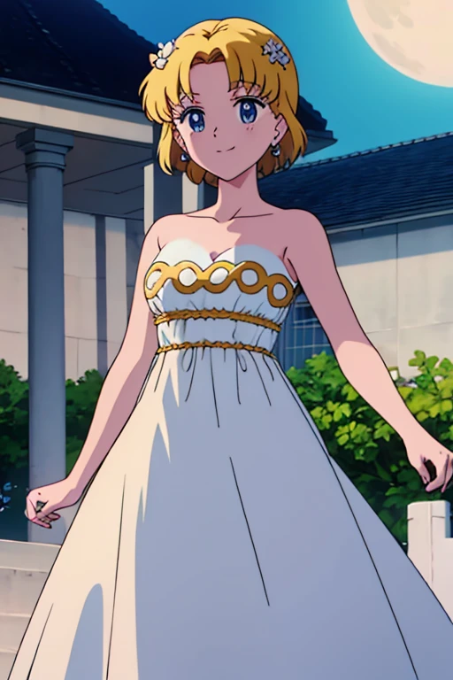 blonde hair, short medium hair, hair ornament, forehead mark, blue eyes, beautiful details eyes, earrings, white dress, full moon, garden, anime screencap, high quality, light smile, standing, Masterpiece