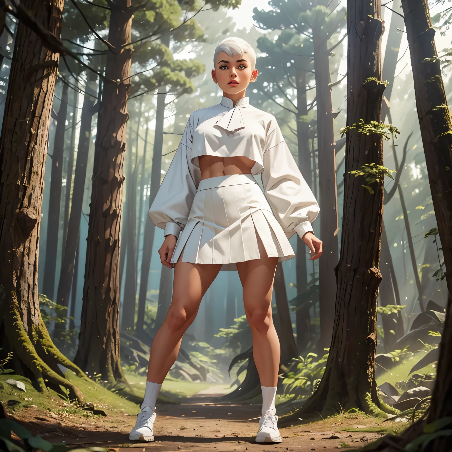 1girl, full body, abs, big , white hair, shaved haircut, skirt, white clothes, forest, masterpiece, exposed