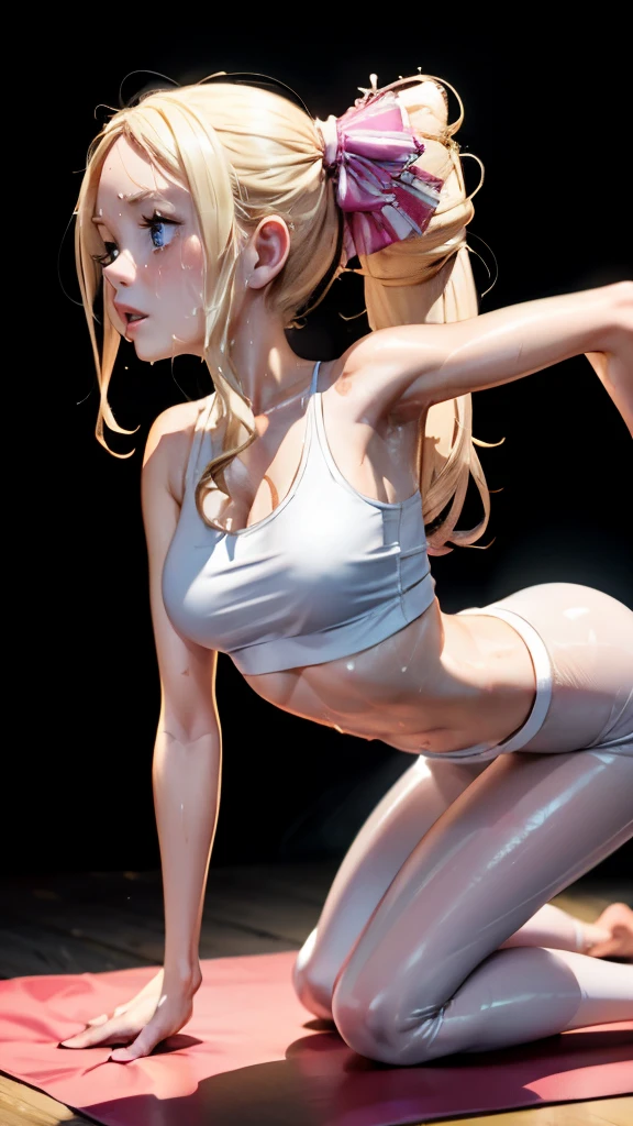 creamy long pale hair，double twin tails、(sweaty skin)、 (highest quality, 8K, 32K, masterpiece, UHD:1.2)、wet clothes、((see-through))、blush,((((sweat)))),((from adove)),(Glossy tank top),Glossy short leggings,fitness,training、(((yoga pose))),Thighs,((steam)),((Yoga Classes))