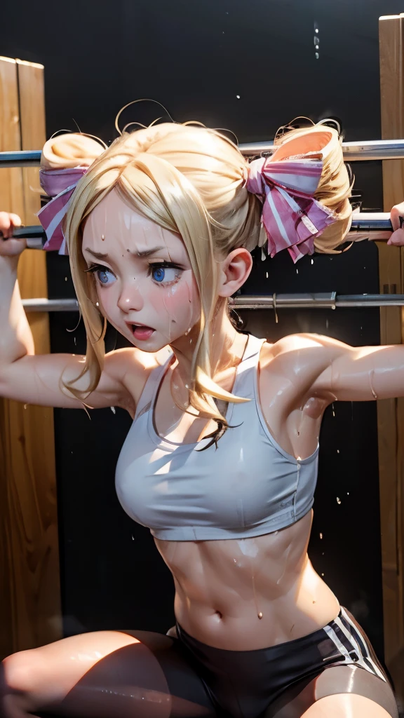 creamy long pale hair,double twin tails、(sweaty skin)、 (highest quality, 8K, 32K, masterpiece, UHD:1.2)、wet clothes、((see-through))、blush,((((sweat)))),((from adove)),(Glossy tank top),Glossy short leggings,fitness,training、((open arms for viewer)),Thighs,((steam)),((training gym)),fitness gym、Weight lifting、dumbbell、((weightlifting))