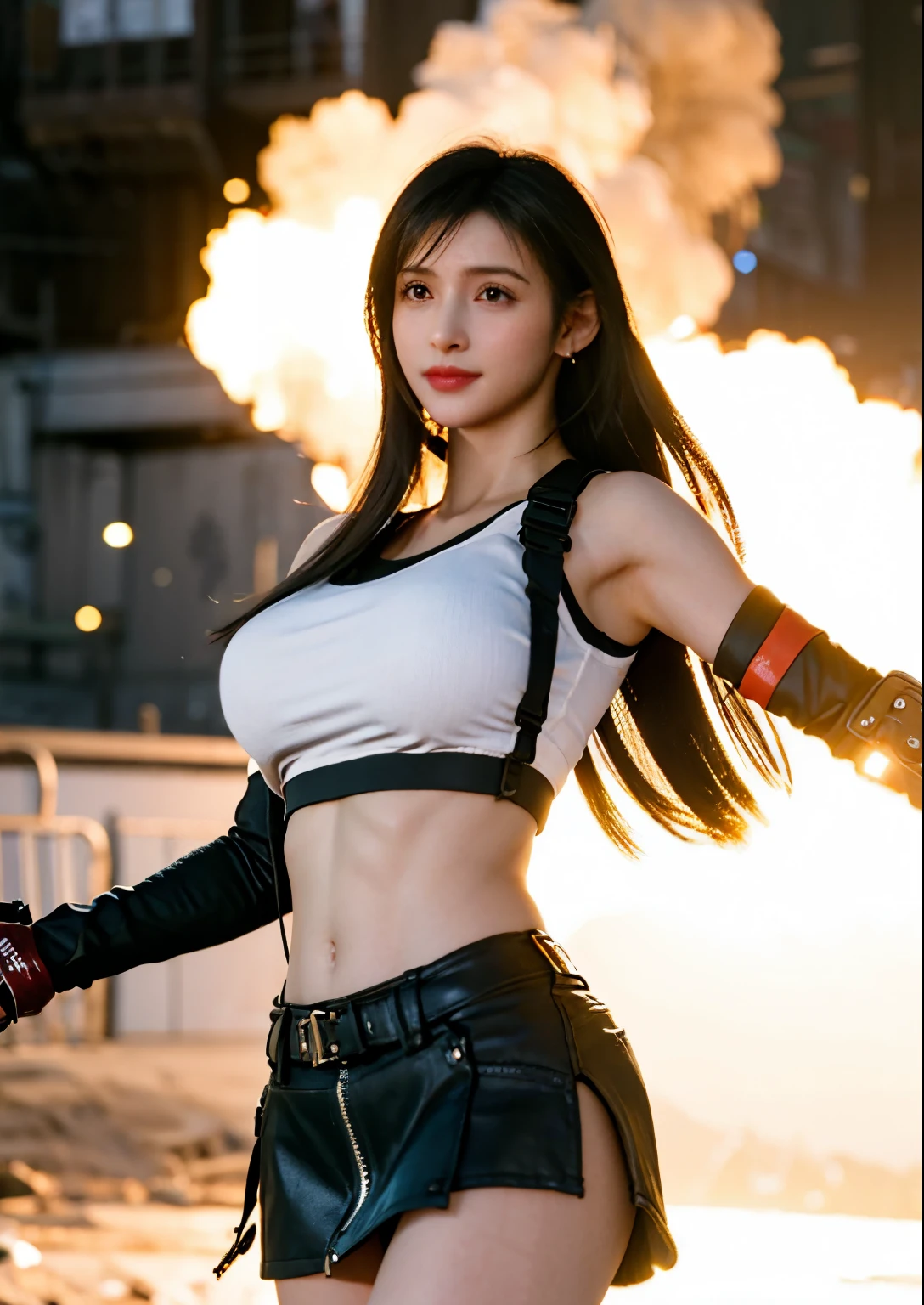 (Photorealistic: 1.4), top quality, very delicate and beautiful, high resolution, 1girl, tifa_lockhart, smile, cowboy shot, suspenders, low rise, mini skirt, tank top, tense shirt, black hair, long hair, elbow gloves, beautiful detailed red eyes, face light, movie lighting, navel, high exposure, abdomen exposure, ribs, abs, ( gigantic breasts: 1.2), dynamic poses, dynamic angles, tifa, medium breast