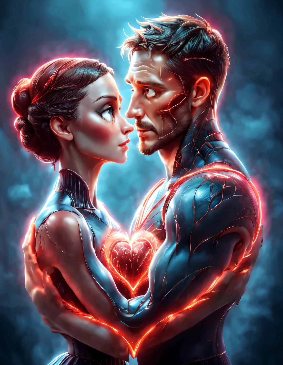 (Man giving woman huge glowing red heart),(There is a beautiful eye in the red heart:1.3)(Clear anatomy,A heart glowing red beats in the center of the picture.:0.85),(A man and a woman hugging each other face to face,Sharing a huge heart),Black light art,sharp focus,Toned muscles,Background human upper body muscles, fantasy,Reality,cartoon,3d rendering,Tom Hardy and Audrey Hepburn,super fine, Eighth Route Walker, Behavioral Contest Winners, vanity, trumpet, modern, 超Reality主义
