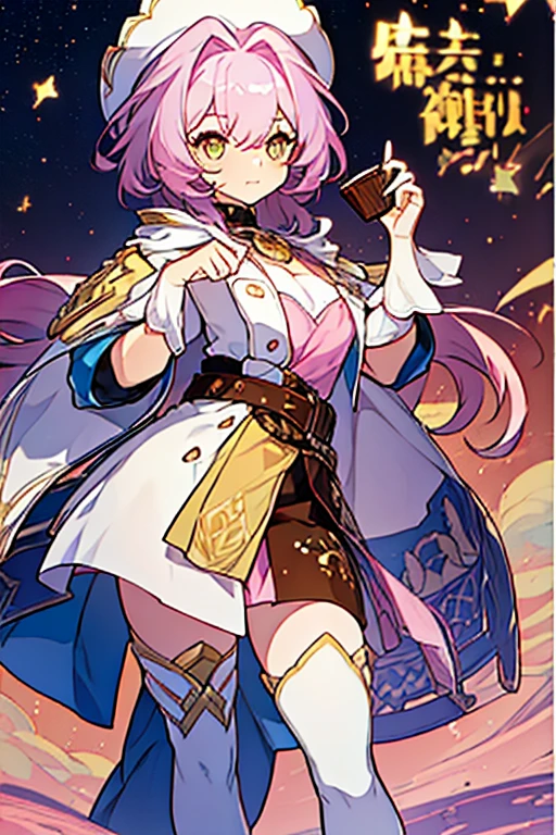 (Masterpiece: 1.5, best quality, high resolution: 1.3, super resolution, super detailed, ultra detailed: 1.3, rich background: 1.2, 1 woman)) brown skin + pink hair with white tones + short fluffy hair + ombre eyes yellow + long eyelashes + short fringe + feminine body + defined figure + big chest + thick thighs + tall stature (intricate top, high intricate leggings, thick belt, flat intricate thigh-high boots, cute accessories, chef hat, chef jacket with a medal on the chest) ((happy expression, standing holding a cup of chocolate, oc de fontaine) (colors of clothing and accessories: white, cream, light blue, pink, yellow)