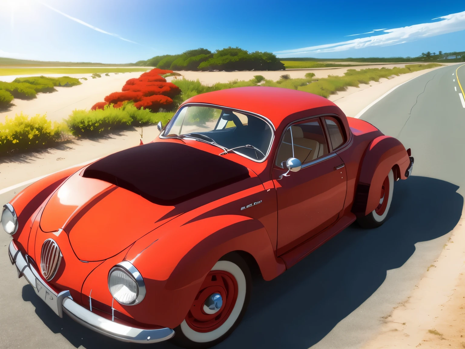 １retro car、Red car、Summer coast、running on a straight road、blue sky、vacation、adventure、luggage on the roof、masterpiece、Super high quality photo quality