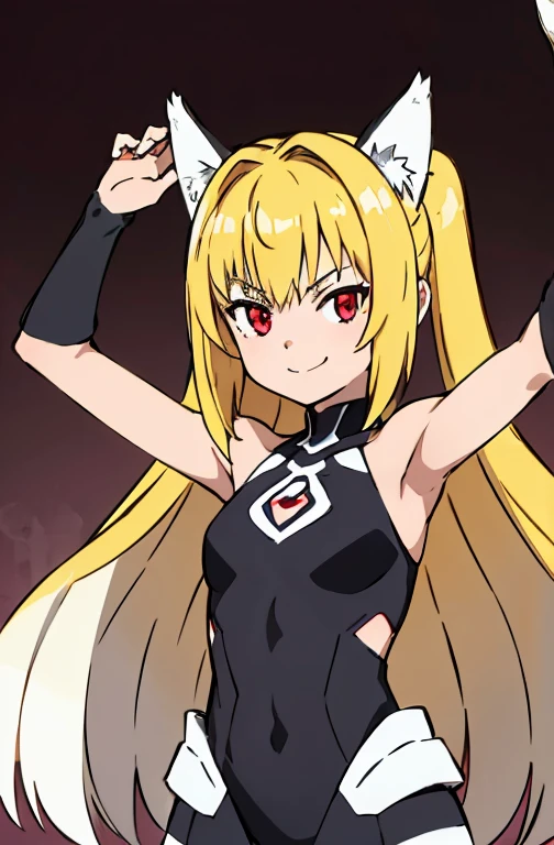 VPSARMOR, black thigh highs, 1girl, Allein, upper body, Blick auf den Betrachter, Blick auf den Betrachter, Smile, white hair,red eyes, wolf ears, evil smile,