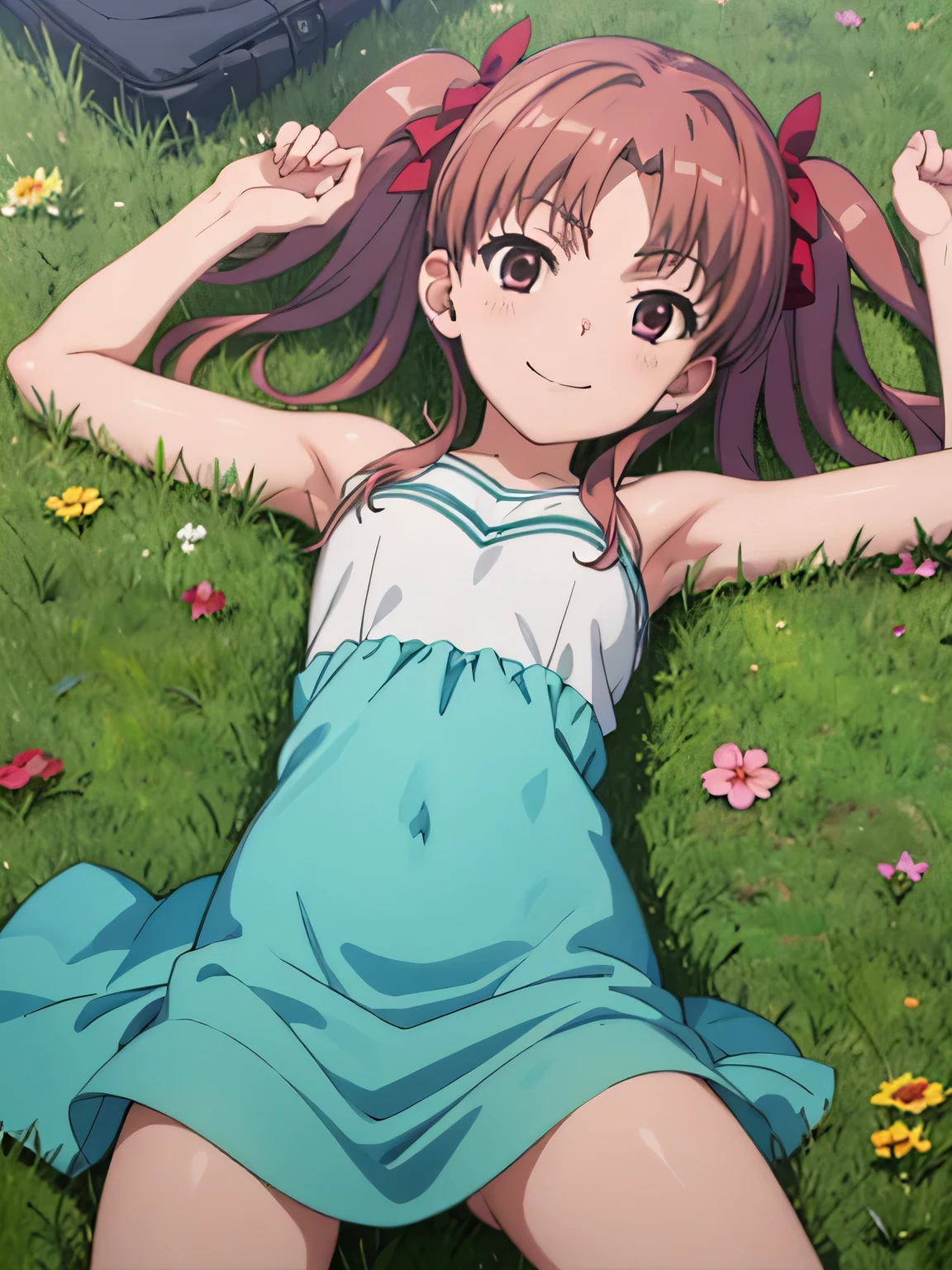 (((pixel-perfect, detail-perfect))), solo, 1girl, shirai kuroko, tokiwadai , looking at viewer, closed mouth, spread arms, arms up, smile, on back, on grass, center,