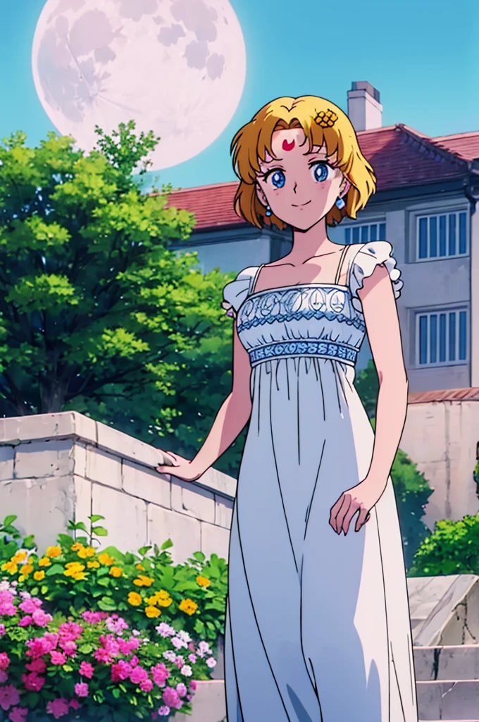 blonde hair, short medium hair, hair ornament, forehead mark, blue eyes, beautiful details eyes, earrings, white dress, full moon, garden, anime screencap, high quality, light smile, standing, Masterpiece
