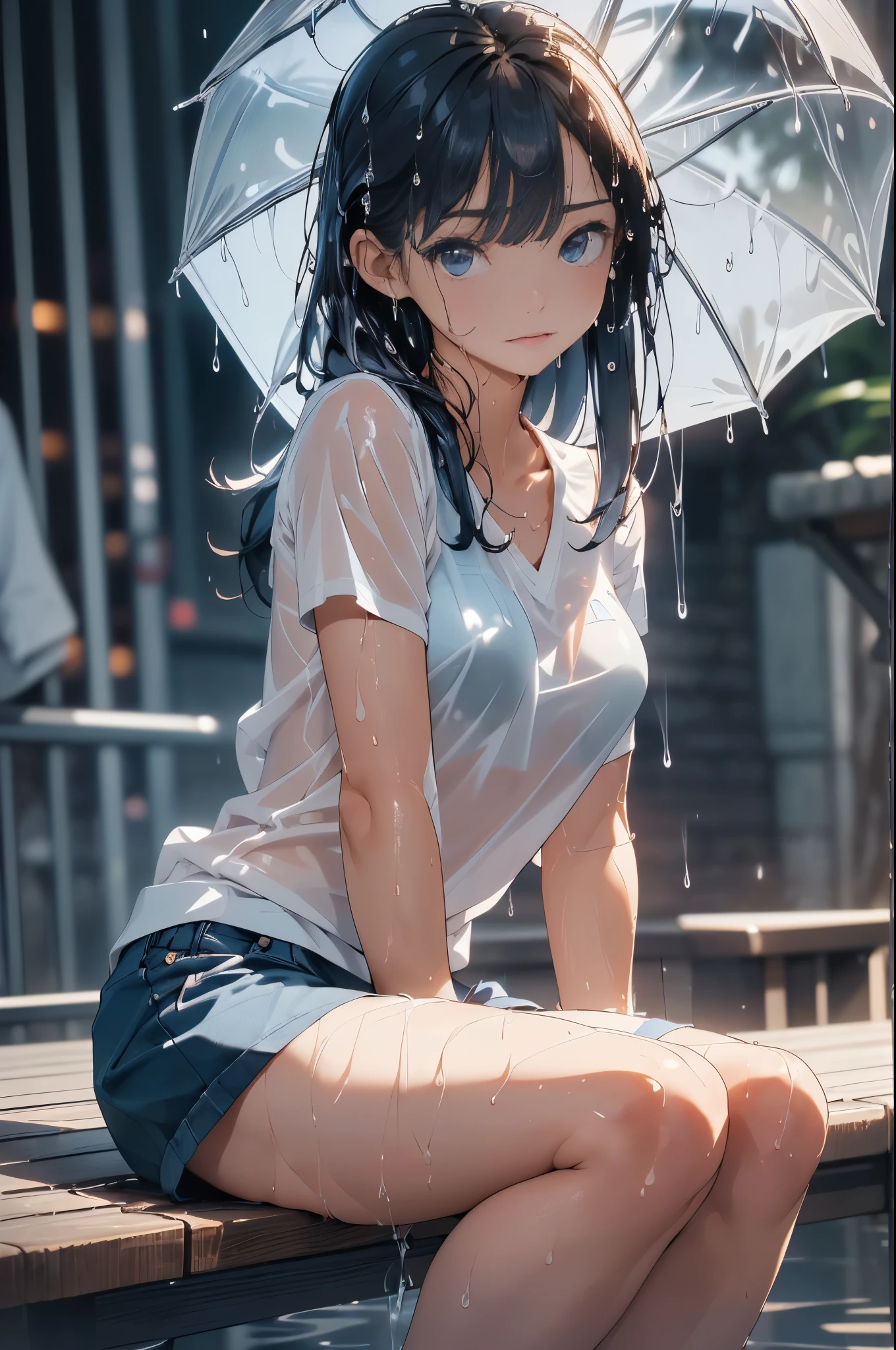 Anime girl sitting on a bench with an umbrella in the rain - SeaArt AI