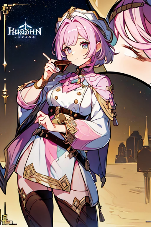 (Masterpiece: 1.5, best quality, high resolution: 1.3, super resolution, super detailed, ultra detailed: 1.3, rich background: 1.2, 1 woman)) brown skin + pink hair with white tones + short fluffy hair + ombre eyes yellow + long eyelashes + short fringe + feminine body + defined figure + big chest + thick thighs + tall stature (intricate top, high intricate leggings, thick belt, flat intricate thigh-high boots, cute accessories, chef hat, chef jacket with a medal on the chest) ((happy expression, standing holding a cup of chocolate, oc de fontaine) (colors of clothing and accessories: white, cream, light blue, pink, yellow)