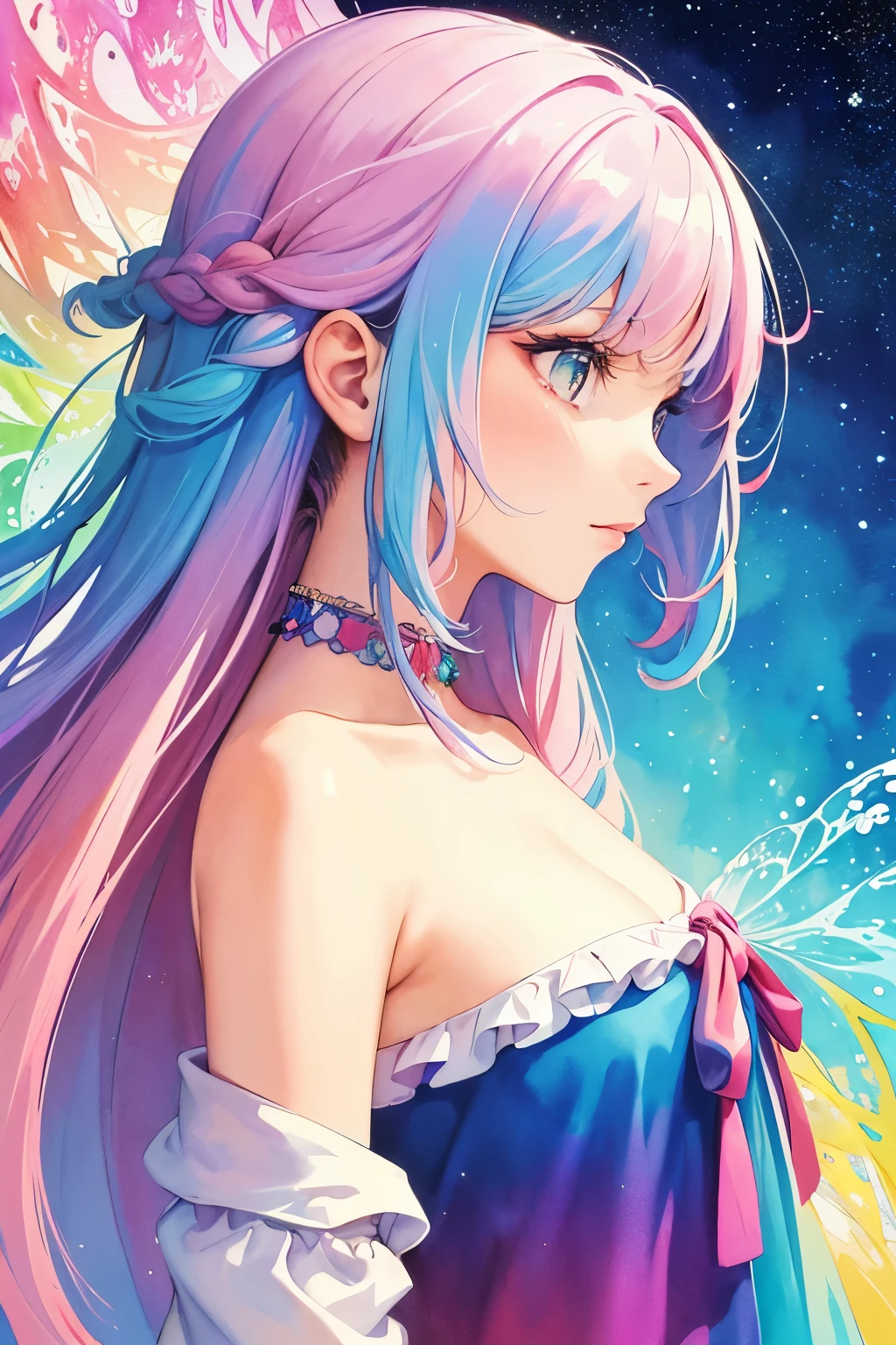 (masterpiece, top quality, best quality,watercolor (medium),official art, beautiful and aesthetic:1.2),(1girl:1.3), (fractal art:1.3),upper body, from side, looking at viewer,patterns,(rainbow color Hair,colorful hair,half blue and half pink hair:1.2),water,liquid, cloud,colorful, starry,stars,