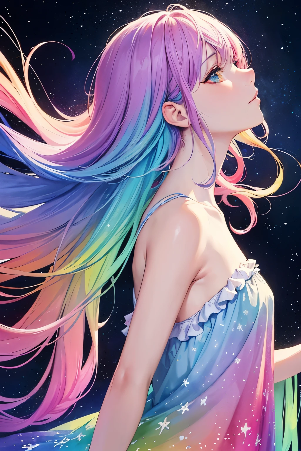 (masterpiece, top quality, best quality,watercolor (medium),official art, beautiful and aesthetic:1.2),(1girl:1.3), (fractal art:1.3),upper body, from side, looking at viewer,patterns,(rainbow color Hair,colorful hair,half blue and half pink hair:1.2),water,liquid, cloud,colorful, starry,stars,