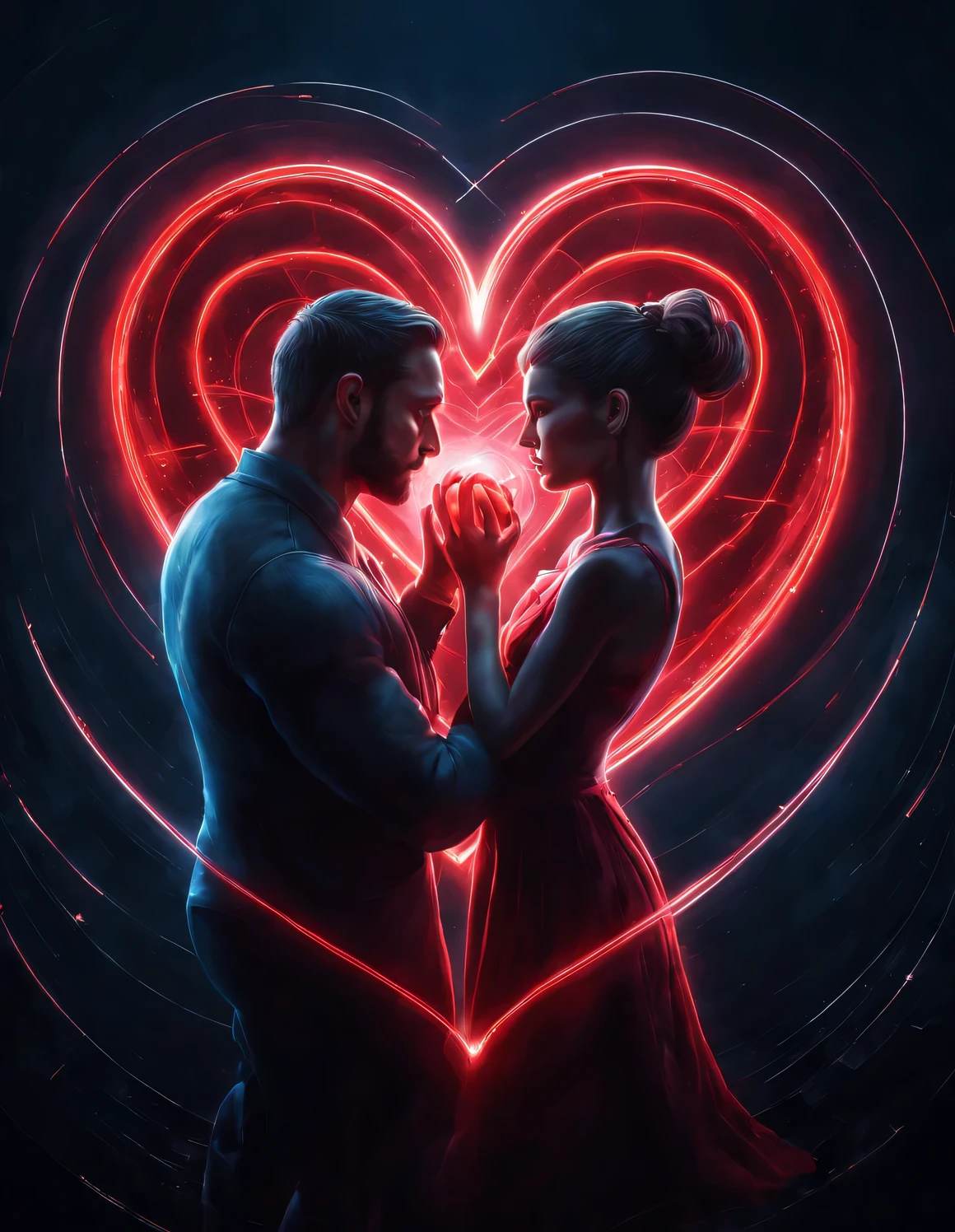 （Man giving woman huge glowing red heart），（There is a beautiful eye in the red heart：1.3）（Clear anatomy，A heart glowing red beats in the center of the picture.：0.85），（A man and a woman hugging each other face to face，Sharing a huge heart），Black light art，sharp focus，Toned muscles，Background human upper body muscles， fantasy，Reality，cartoon，3d rendering，Tom Hardy and Audrey Hepburn，super fine, Eighth Route Walker, Behavioral Contest Winners, vanity, trumpet, modern, 超Reality主义