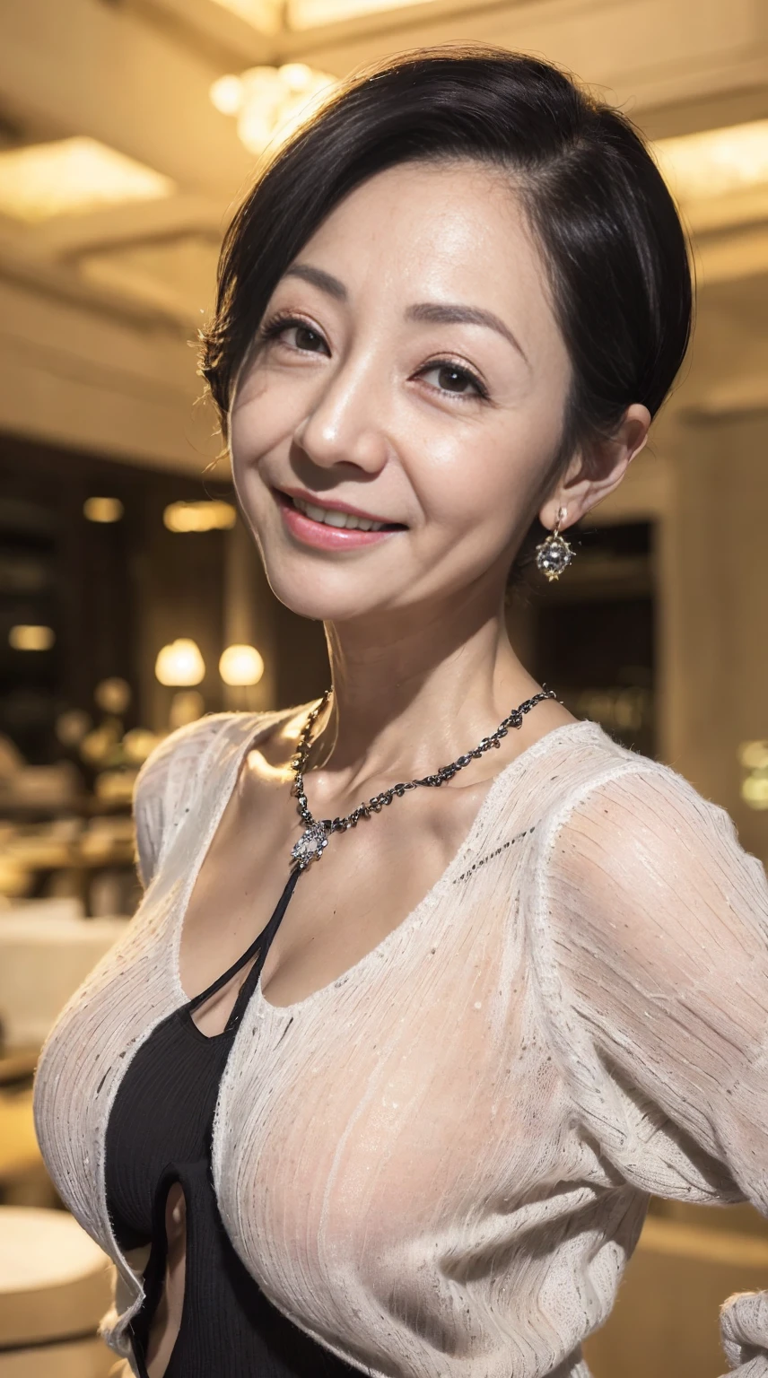 ​(masterpiece, highest quality), japanese mature, (alone), 60 years old, (wrinkles around the eyes:1.55), big breasts, mature woman, Glamour, Sexy, pure white skin, looking at the viewer、(super big breasts:1.28)、(short hair)、small diamond necklace、earrings、(((tunic sweater, Black leggings)))、short boots、smile、Public place、full body photo、