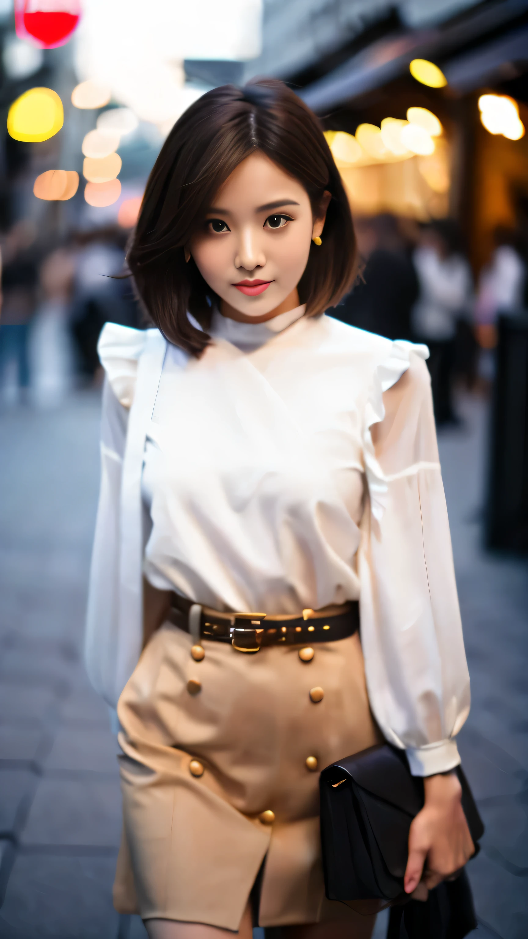 cute young Woman, short black Hair, Brown Eyes, Empress,pleated skirt suit,street lamps,neons,bustling street background,(navel:1.1,princess eyes), Nobility, Royalty, High Quality, Masterpiece, Highly Detailed