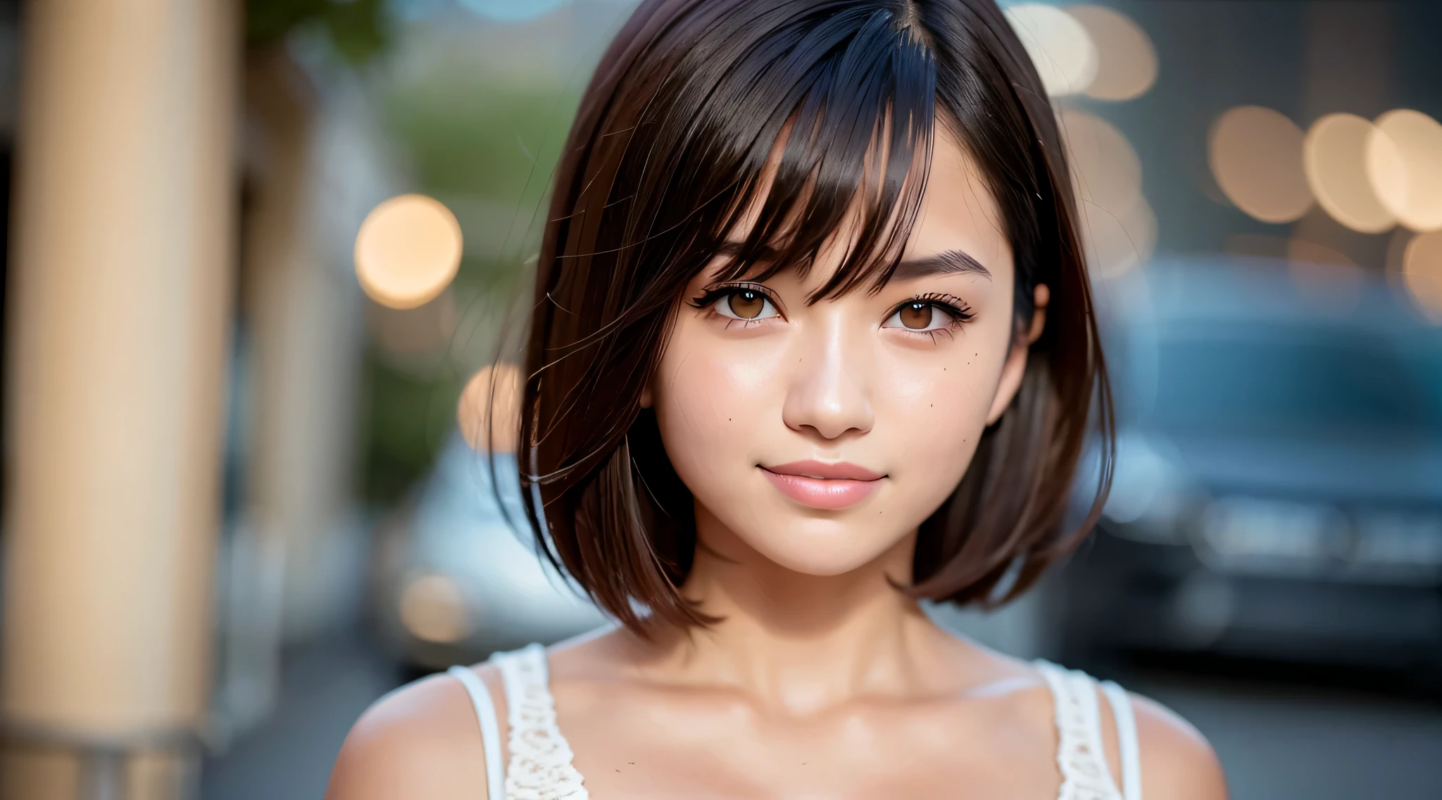 (8K, RAW photo, highest quality, High resolution: 1.1), (ultra-realistic: 1.4), (realistic, photorealistic: 1.3), soft light, girl, 16 years old, Japanese, realistic face, realistic body, realistic skin, , confused, masterpiece, (cute: 1.8), cuties, alone, (big: 1.2), fine black eyes, innocent eyes, cheek, (one piece: 1.2), cinema light, film grain, short hair, ((big: 1.1)), cherry color lip, close, look viewer, Upper body, open lips, upper teeth, (smiling eyes: 0.6), ((grin and laugh: 1.2)), written boundary depth, blurred background, focus of the eye, Bokeh, downtown, 85mm lens, f/1.4, professional lighting, young, portrait, photon mapping, radio city, Physically based rendering、written boundary depth