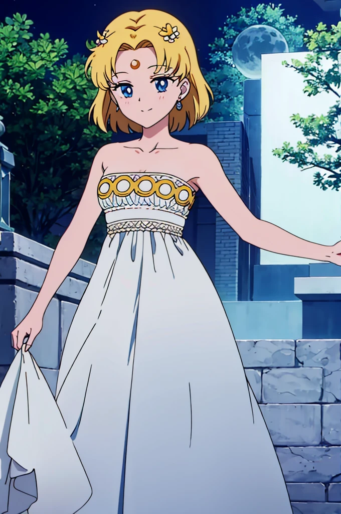 blonde hair, short medium hair, hair ornament, forehead mark, blue eyes, beautiful details eyes, earrings, white dress, full moon, garden, anime screencap, high quality, light smile, standing, Masterpiece, close up