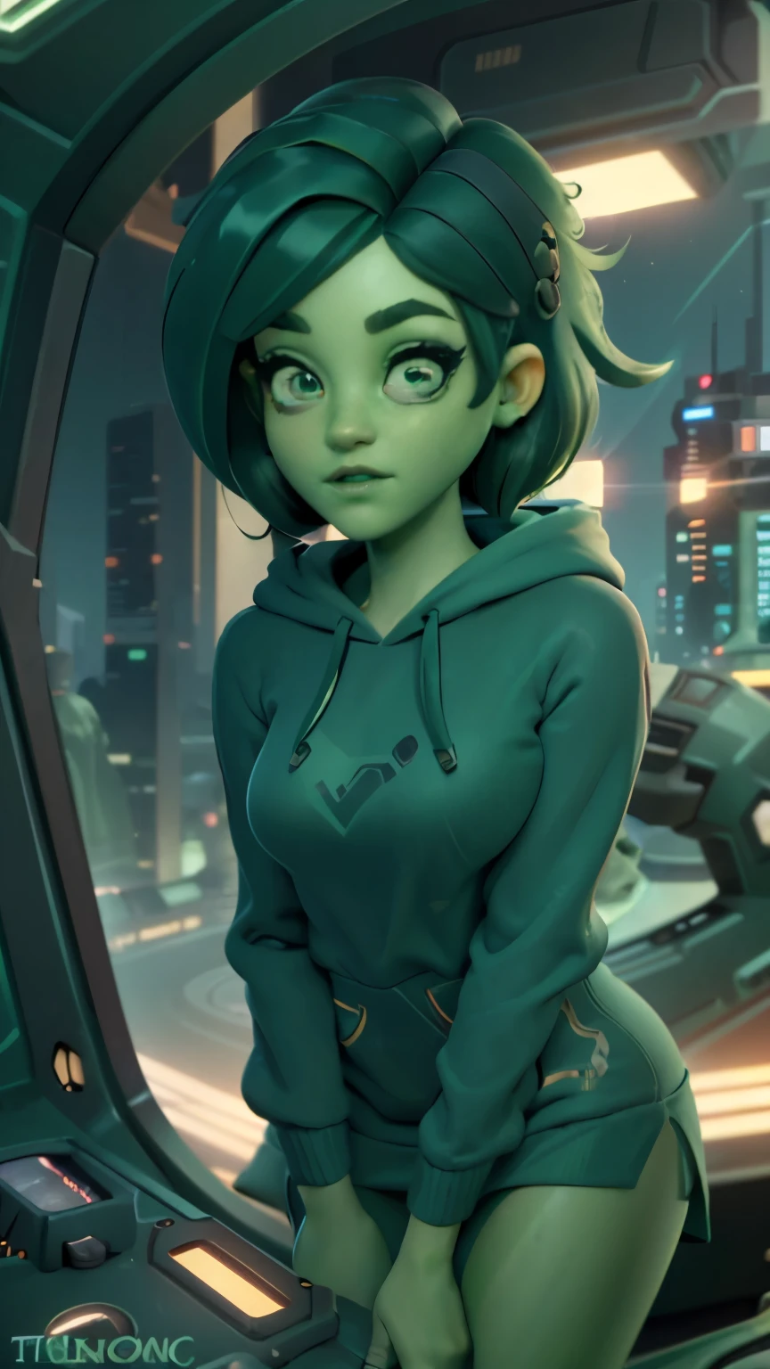 photo of Tendi, Orion from star trek, RAW, beautiful woman, ((portrait)), ((detailed face, anime mouth, anime nose:1.2)), (short shaved dark forest green hair:1.3), ((detailed facial features, detailed vibrant green skin, emerald green skin skin:1.5), (perfect proportioned body), arched back,  looking away, (wearing a big oversized green hoodie: 1.5), kneeling on a bed, in a bedroom, (high detailed futuristic city), (realistic photo, best quality, detailed), (8k wallpaper), (cinematic lighting, dramatic lighting) (sharp focus, intricate)