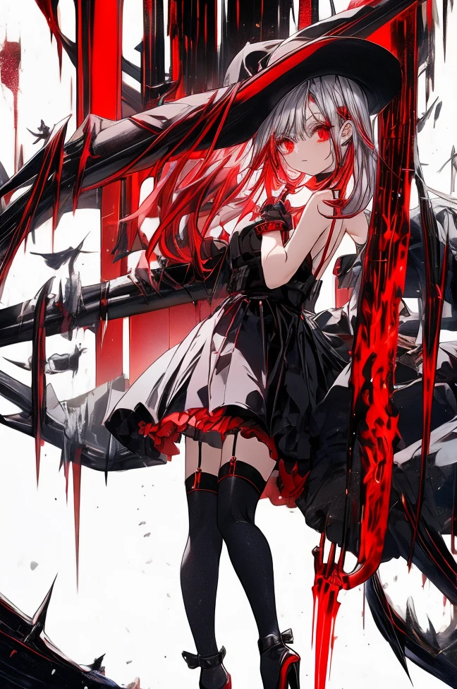 adult female, red eyes, sliver hair, black stocking, long gloves, short pants, dress, high heels, grab black and red scythe