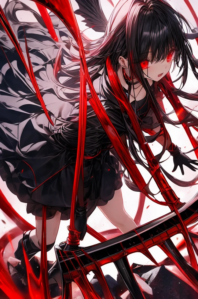 adult female, red eyes, sliver hair, black stocking, long gloves, short pants, dress, high heels, grab black and red scythe