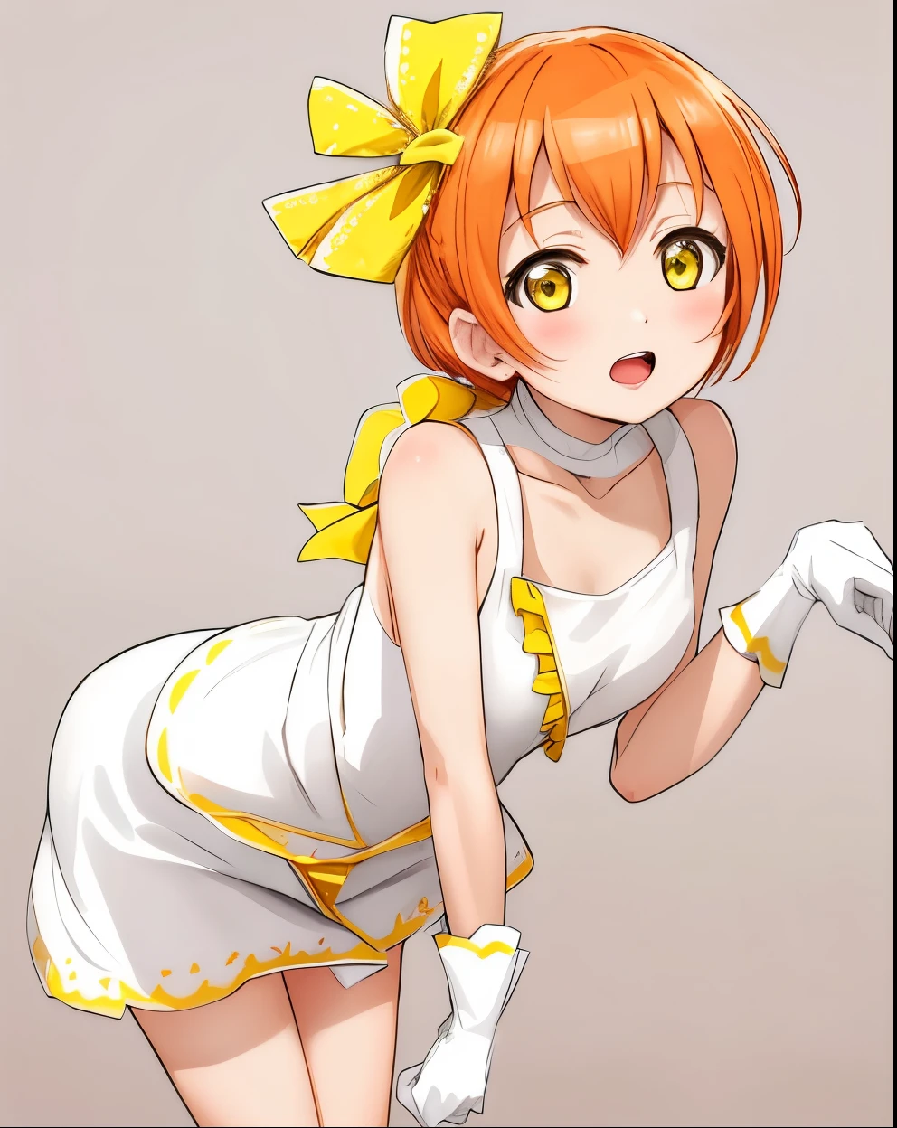 Masterpiece,best quality,Hoshizora rin, orange hair, yellow eyes, white dress, bent over , hips, gloves,in love , slightly open mouth, looking up