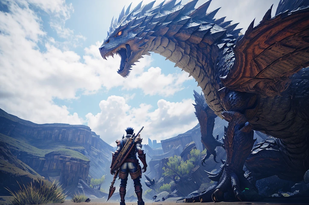 There was a man standing in front of a giant dragon, monster hunter monster, monster hunter world, monster hunter the movie, monster hunter, in monster hunter armor, as a badass monster hunter, wearing monster hunter armor, critical art, capcom official media, 4K ], 4K], HD wallpapers, Wonderful screenshot art, dragon in background, epic video game art