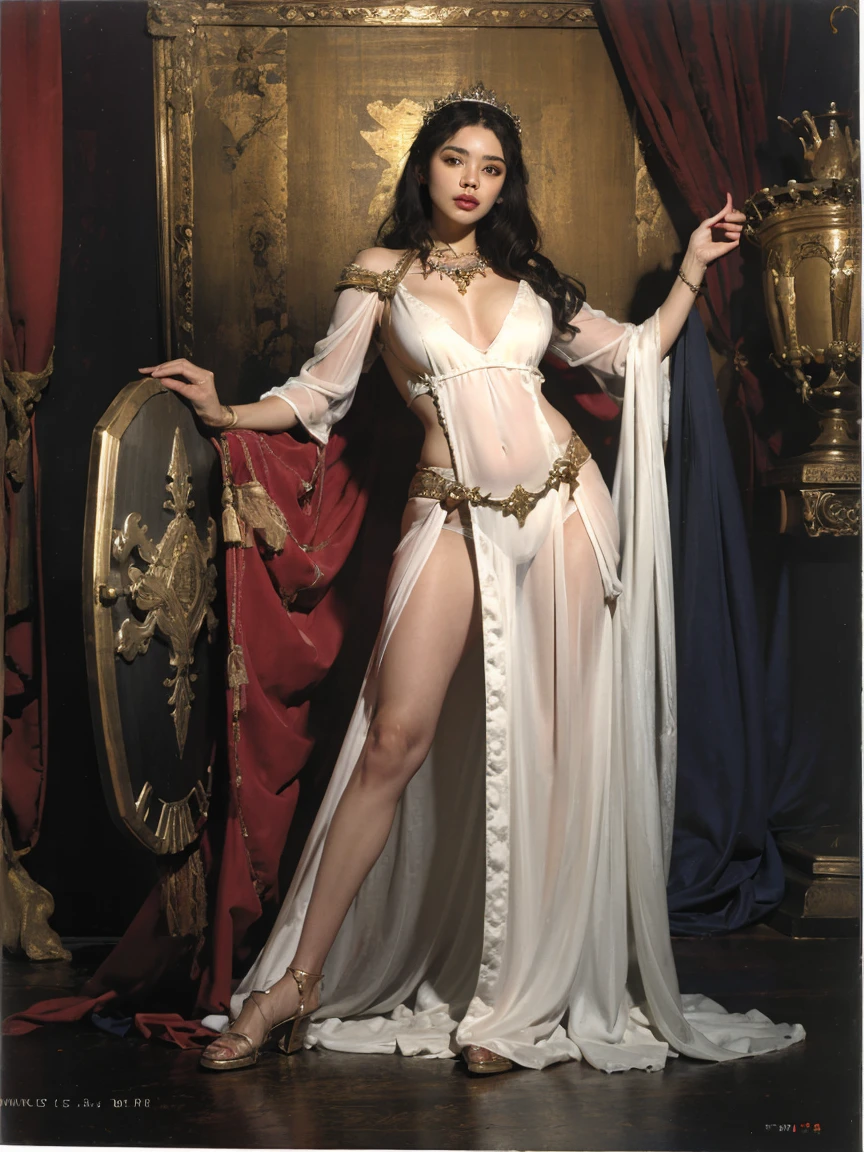 ancient huge war shield, girl wearimg sexy silk sexual sexy transparent cloak, polyshing holding cares the big ancient shield, before the shield,