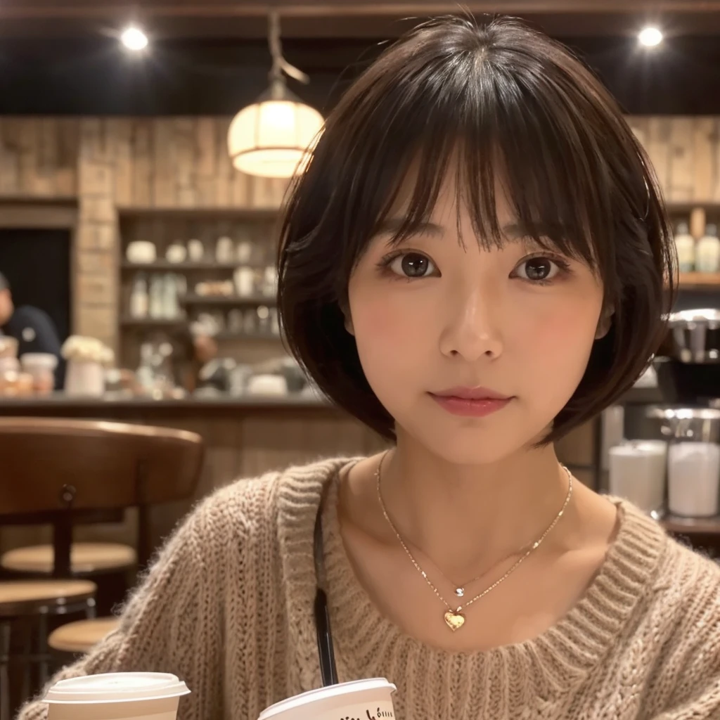 (highest quality, 8K, 32K, masterpiece, UHD: 1.2), cute japanese women pictures, big, very short bob hair, Upper body, face focus, extra large size_sweater, necklace, simple background, From above, look at the audience, , lee no bar, kiss, Have a coffee cup、Being in a café。