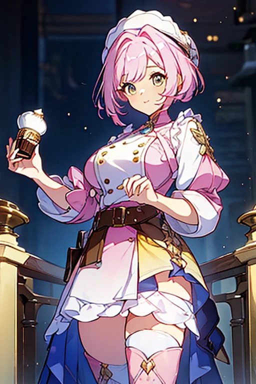 (Masterpiece: 1.5, best quality, high resolution: 1.3, super resolution, super detailed, ultra detailed: 1.3, rich background: 1.2, 1 woman)) brown skin + pink hair with white tones + short fluffy hair + ombre eyes yellow + long eyelashes + short fringe + feminine body + defined figure + big chest + thick thighs + tall stature (intricate top, high intricate leggings, thick belt, flat intricate thigh-high boots, cute accessories, chef hat, chef jacket with a medal on the chest) ((happy expression, standing holding a cup of chocolate, oc de fontaine) (colors of clothing and accessories: white, cream, light blue, pink, yellow)