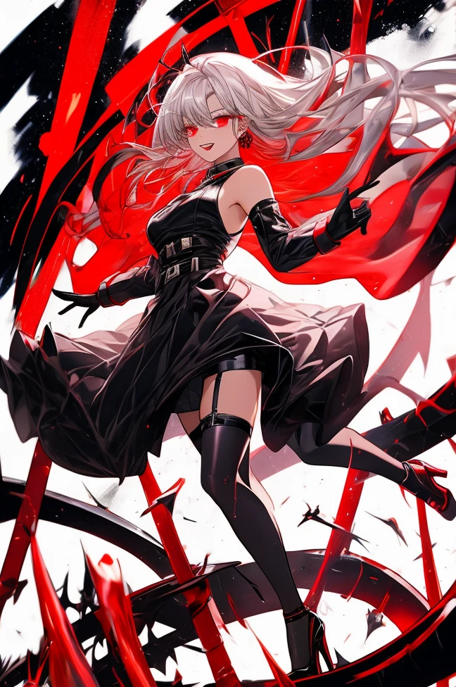 Black full body suit Red lines all over the body Girl Attractions Laughter barefoot,Embodiment of evil,black and pink background,looking down at viewer,looking at view,look down,most evil smirk,two hands,Two legs,five fingers,