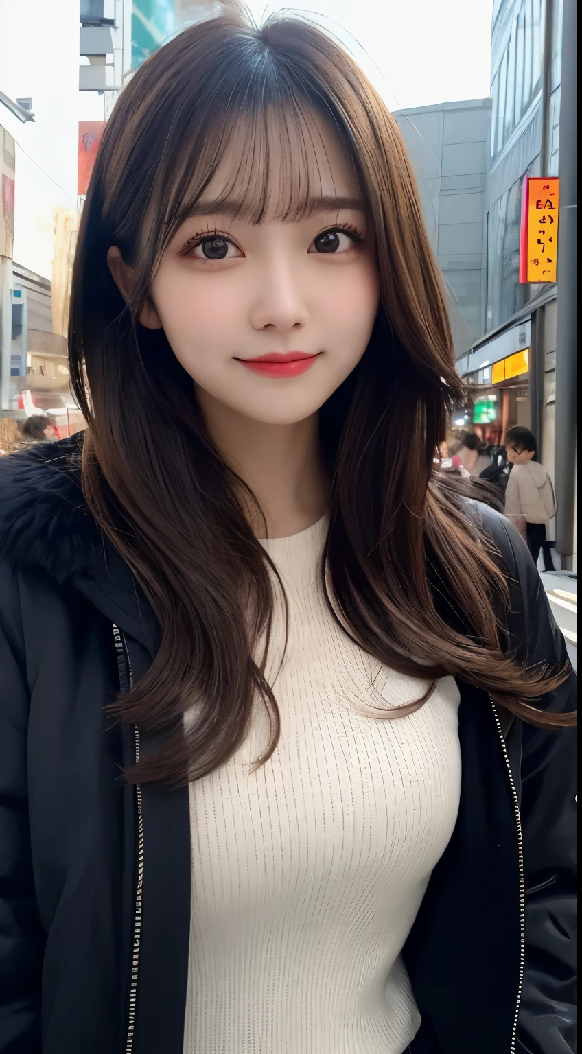 table top, highest quality, shape, Super detailed, finely, High resolution, 8k wallpaper, 完璧なダイナミックな構shape, beautiful and detailed eyes, Tokyo trend winter fashion,medium hair, small breasts, natural color lip, random sexy pose,cute smile,big city、20 year old girl、beautiful and detailed face、perfect and beautiful face,Big eyes、Wear fluffy black outerwear with fur、beautiful detailed face、perfect and beautiful double eyelids、blur the background