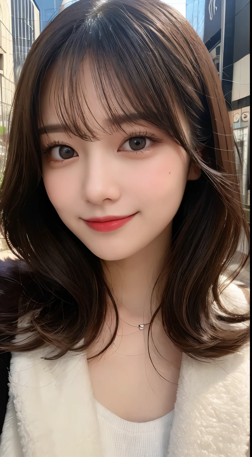 table top, highest quality, shape, Super detailed, finely, High resolution, 8k wallpaper, 完璧なダイナミックな構shape, beautiful and detailed eyes, Tokyo trend winter fashion,medium hair, small breasts, natural color lip, random sexy pose,cute smile,big city、20 year old girl、beautiful and detailed face、perfect and beautiful face,Big eyes、Wear fluffy black outerwear with fur、beautiful detailed face、perfect and beautiful double eyelids、blur the background