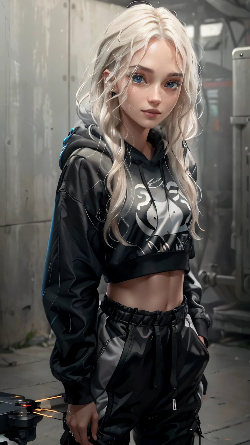 Realistic, high resolution, 1 girl, white wavy hair, thin lips  , sweat shirt, full cheeks, slim black long hoodie, black parachute pant , slender, fit, wrist computer with mini-drone,  a Masterpiece, realism full portrait of a young Norwegian woman, smiling, skin pores, dramatic lighting, ambient occlusion, high level of detail, intricate skin details, skin imperfections, beautiful face and fascinating eyes, sharp details, hyper realistic, sharp focus, perfect detailed anatomy, perfect detailed face, perfect details, eyes, octane rendering, 8k, masterpiece, maximum quality.full portrait of a young  woman, smiling, skin pores, dramatic lighting, ambient occlusion, high level of detail, intricate skin details, skin imperfections, beautiful face and fascinating eyes, sharp details, hyper realistic, sharp focus, perfect detailed anatomy, perfect detailed face, perfect details, eyes, octane rendering, 8k, masterpiece, maximum quality.