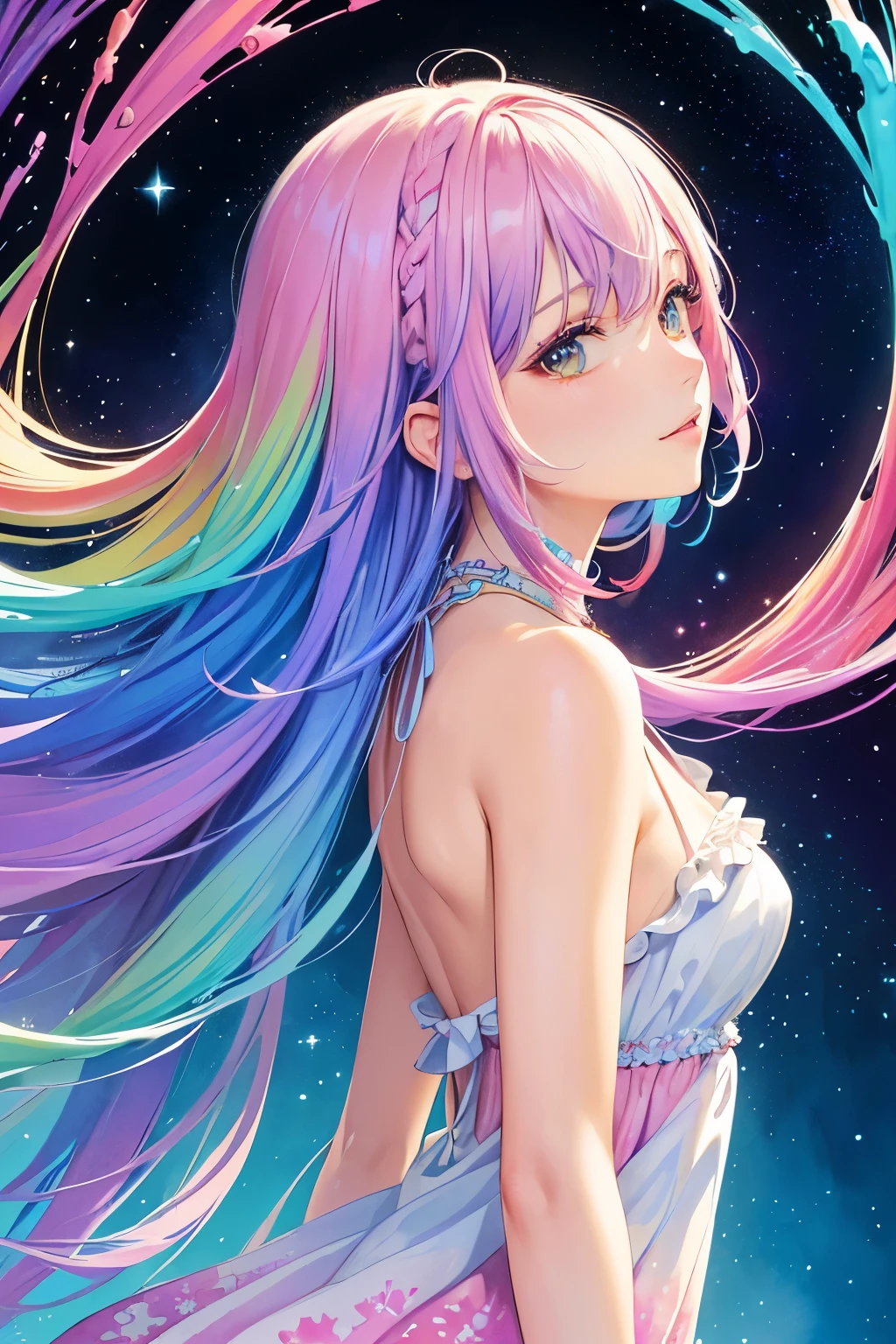(masterpiece, top quality, best quality,watercolor (medium),official art, beautiful and aesthetic:1.2),(1girl:1.3), (fractal art:1.3),upper body, from side, looking at viewer,patterns,(rainbow color Hair,colorful hair,half blue and half pink hair:1.2),water,liquid, cloud,colorful, starry,stars,