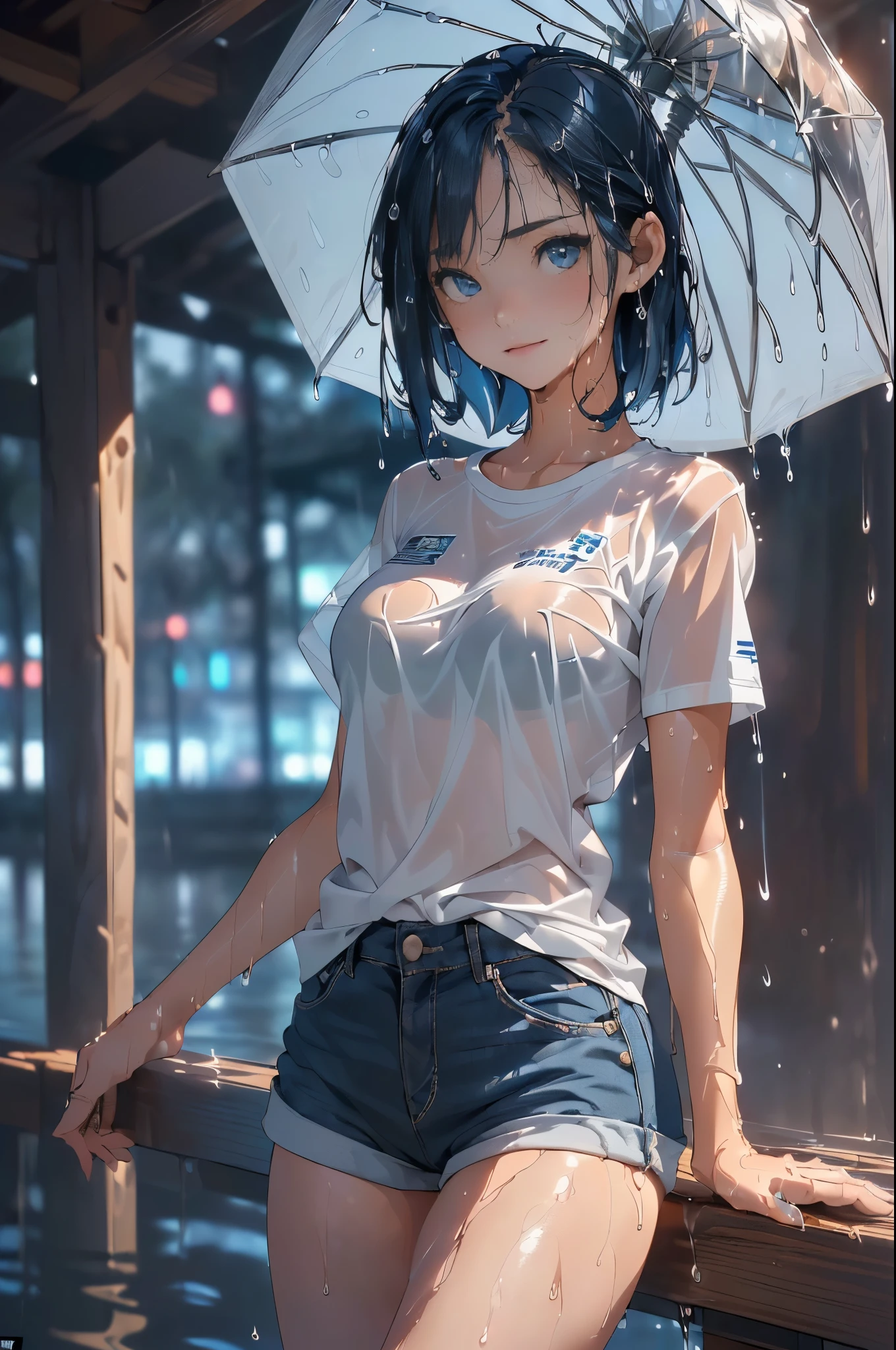 (masterpiece,best quality,ultra-detailed,intricate,detailed face,detailed eyes,beautiful eyes),(((rain:1.5,屋外、屋外:1.3,大都市の裏路地)))、(((1woman,wet:1.5,wet:1.5,wet:1.5,濡れた衣服:1.5))),(((傘はない:1.5)))、cowboy shot,20歳の美女、dark blue hair,medium bob hair:1.3,sad,(micro shorts, 白色のTシャツ、濡れた衣服:1.5),(slender body,medium breasts,gleaming skin),sitting,from front,(depth of field:1.2),nsfw,