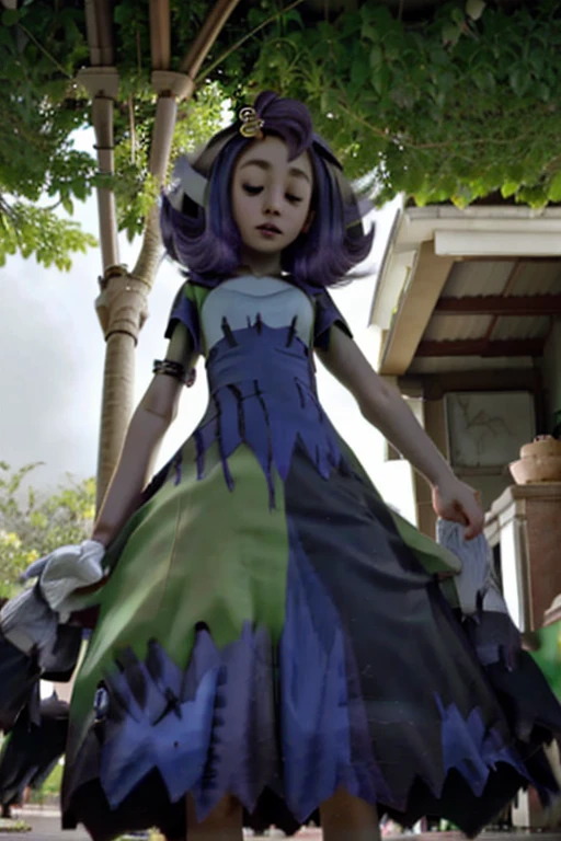 Acerola, gardevoir, white dress, creatures \(company\), game freak, nintendo, pokemon, pokemon \(game\), bangs, colored skin, female focus, flat chest, gen 3 pokemon, green hair, green skin, hair over one eye, multicolored skin, pokemon \(creature\), red eyes, short hair, two-tone skin, white skin