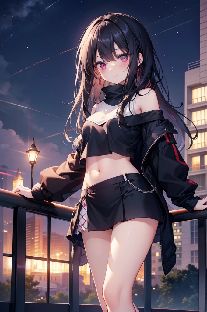(masterpiece), (best quality), (4k resolution), (anatomy; perfect), 1  girl, fair skin, red eyes, black hair), detailed eyes, perfect face, (locks, bangs), loose hair, (light effects in hair), eyebrow, nose, ear, tight mouth, smiling, sweatshirt OFF SHOULDER TOP, short skirt, tightig chest), (perfect belly), (perfect waist), Beautiful and perfect legs, standing, background scenery, in the park, new year, beautiful night, night lighting, looking at viewer shy