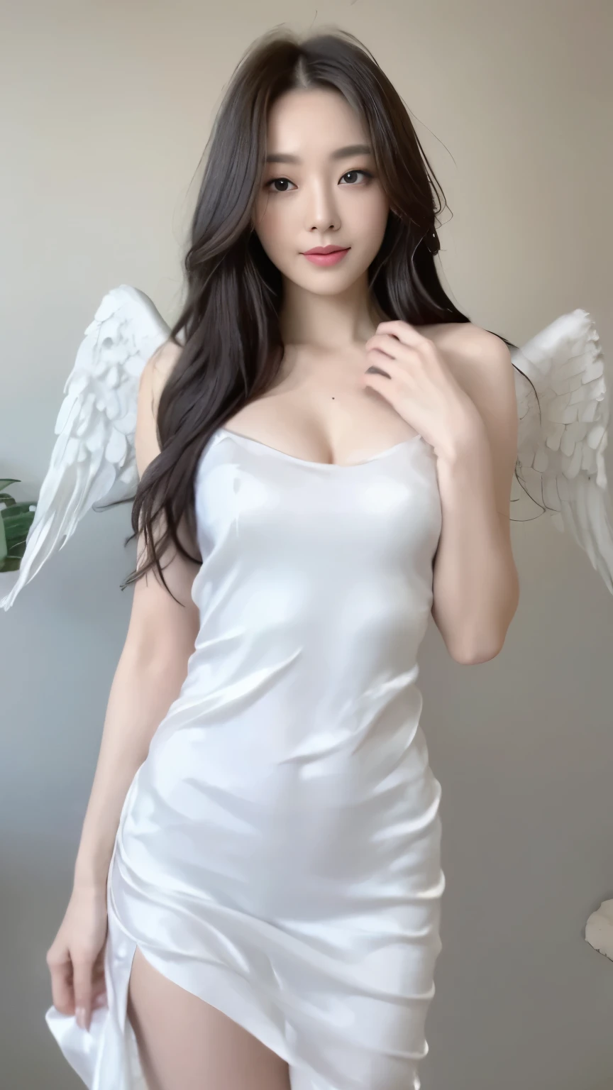 ((top-quality、8k、​masterpiece:1.3))、Beautiful woman with perfect body:1.4、slim abdomen:1.2、Longhair, normal breast, Highly detailed facial and skin texture, A detailed eye, (smile), (full body shot), ((studio)), (standing), (((wearing white silk dress)), looking in front, (((plain grey background:1.2)), (wearing angel wing)