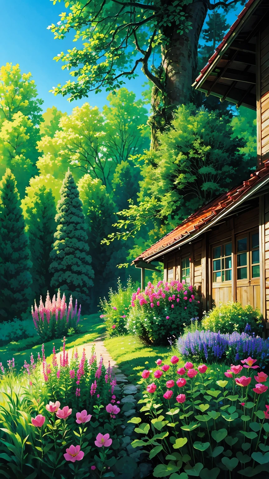 Chalet in a forest garden, vibrant flowers, charming, 32k, clear sky