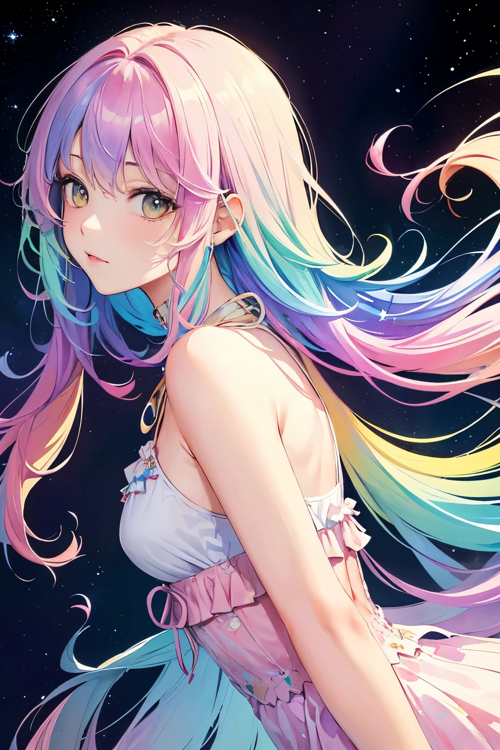 (masterpiece, top quality, best quality,watercolor (medium),official art, beautiful and aesthetic:1.2),(1girl:1.3), (fractal art:1.3),upper body, from side, looking at viewer,patterns,(rainbow color Hair,colorful hair,half blue and half pink hair:1.2),water,liquid, cloud,colorful, starry,stars,