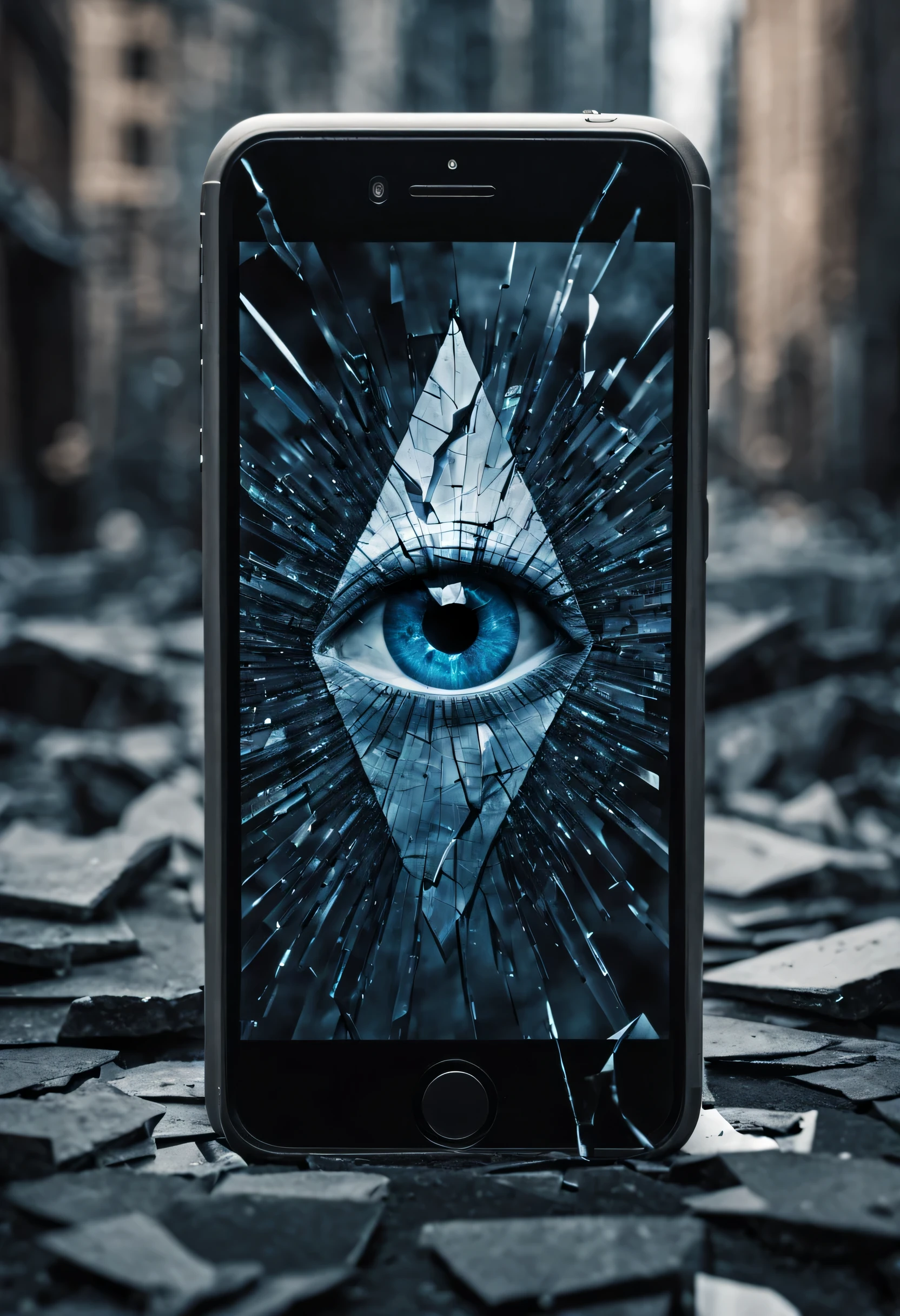 A shattered smartphone screen, each shard reflecting a different emotion—fear, betrayal, and uncertainty. Overlaid on the fragments, a haunting, all-seeing eye symbolizes the omnipotent force manipulating lives. The backdrop transitions from dark hues to ethereal blues, capturing the story's ominous blend of technology and despair.