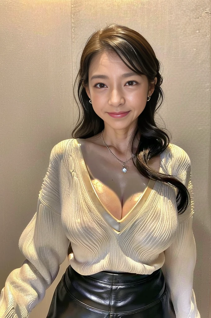 ​(masterpiece, highest quality), japanese mature, (alone), 60 years old, (wrinkles around the eyes:1.55), big breasts, mature woman, Glamour, Sexy, pure white skin, looking at the viewer、(super big breasts:1.28)、(Wavy Longhair)、small diamond necklace、earrings、(((v-neck sweater, leather skirt)))、short boots、smile、Public place、full body photo、