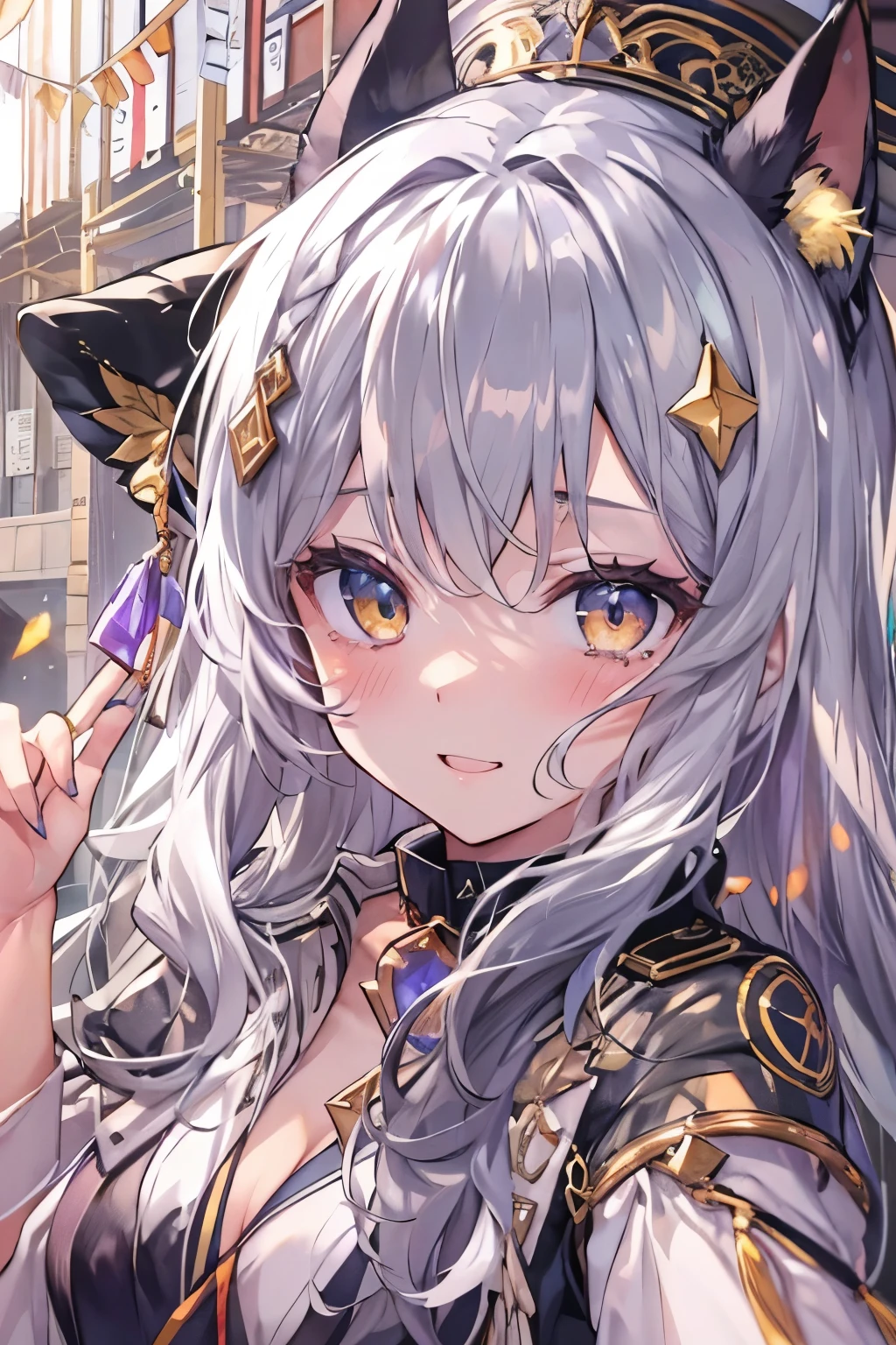 silver hair、cat collar black、eyes with sparkling flames、tits、belly button、japan town tokyo、Staring at the sky、first field view、wavy ponytail、hair on shoulders、very long hair、very thick hair、beautiful and fine eyes、golden eyes、eyes like jewels、Diamond-shaped eyes、hug your feet、detailed jewel leather collar、twin tails、sunglasses、amber eyes、beast ears、smile、embarrassing、blush、Tears、high detail、anime、romanticism、shine、silhouette、Depth of bounds written、UHD、retina、masterpiece、correct、anatomically correct、textured skin、super detail、high detail、award-winning、最high quality、high resolution、high quality、16k、cleavage